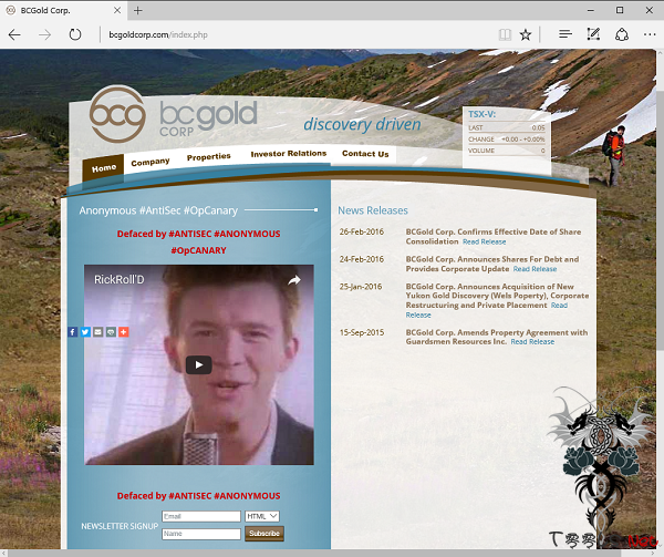 匿名者攻击了加拿大矿企网站：篡改内容并留下了一首歌曲MV