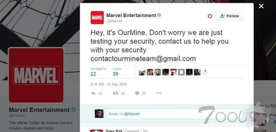 漫威娱乐官方Twitter账号被黑客团队OurMine攻破