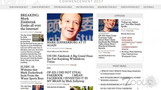 扎克伯格回母校哈佛演讲 头像却被黑客PS成了二傻子