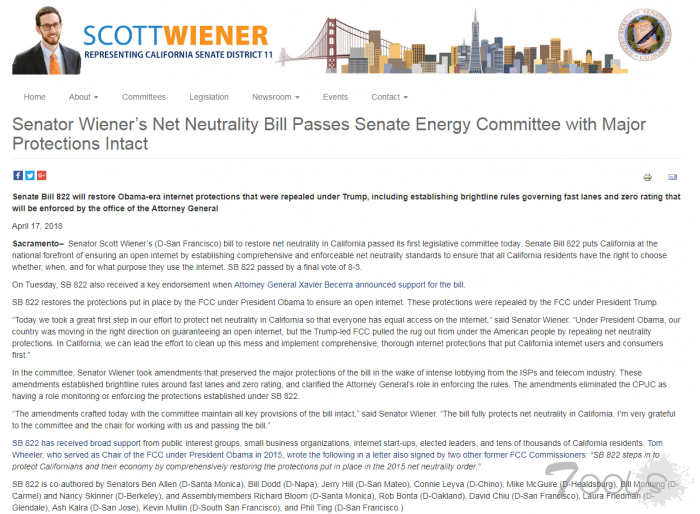 加利福尼亚州参议院投票通过法案 以恢复网络中立性原则