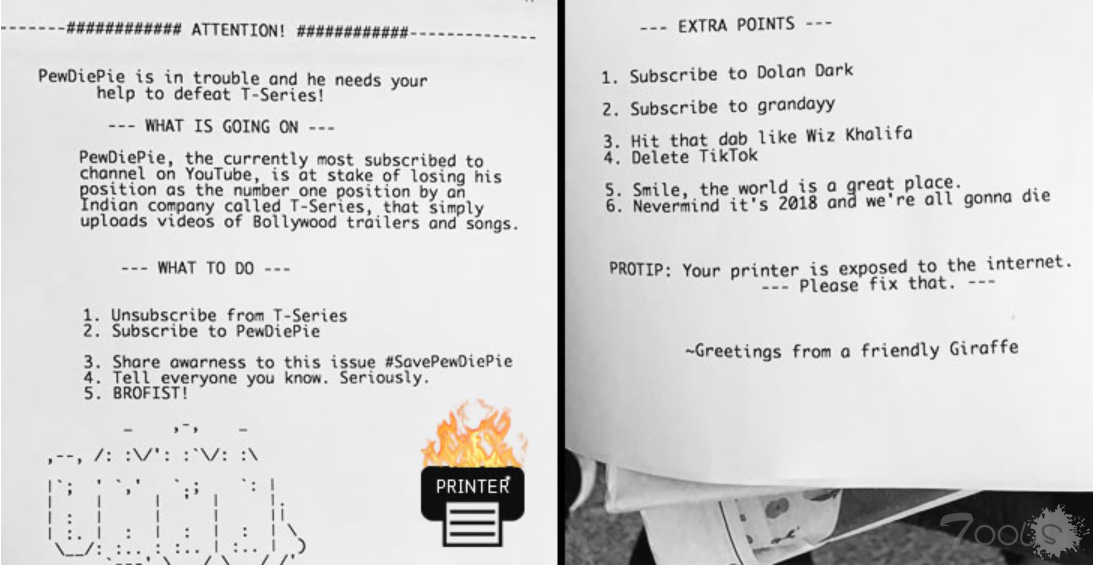 黑客入侵50,000台打印机来推广YouTube频道