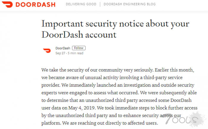 美国外卖服务 DoorDash 数据泄露：影响 490 万人