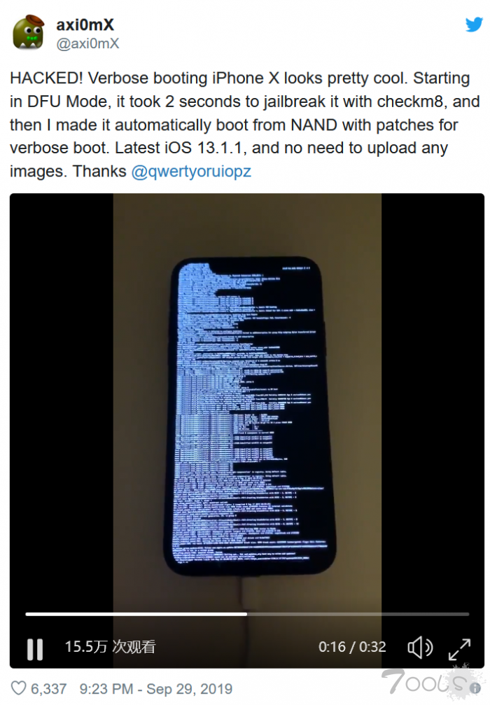 “Checkm8”漏洞确认可被用来越狱运行iOS 13.1.1的iPhone X
