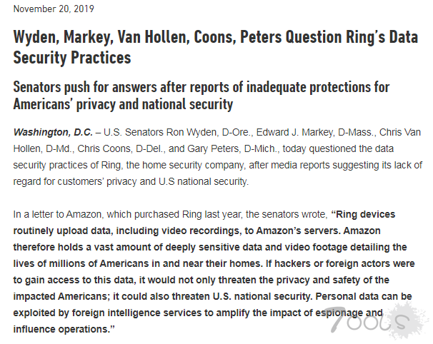 美参议员致函亚马逊 对 Ring 可视门铃的安全性提出质疑