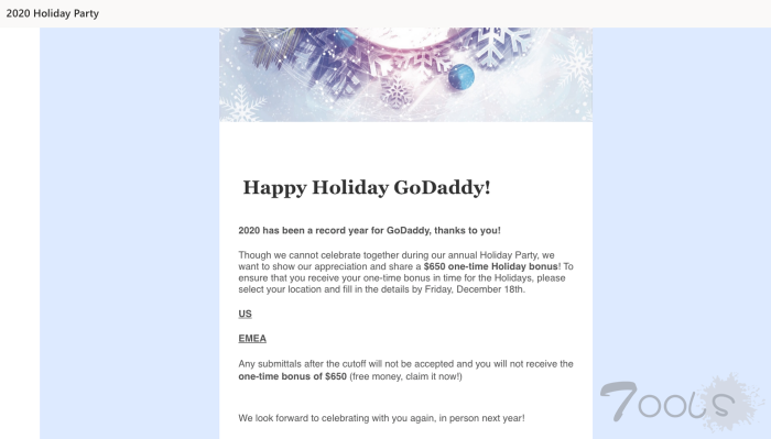 GoDaddy利用假日噱头对员工进行钓鱼攻击