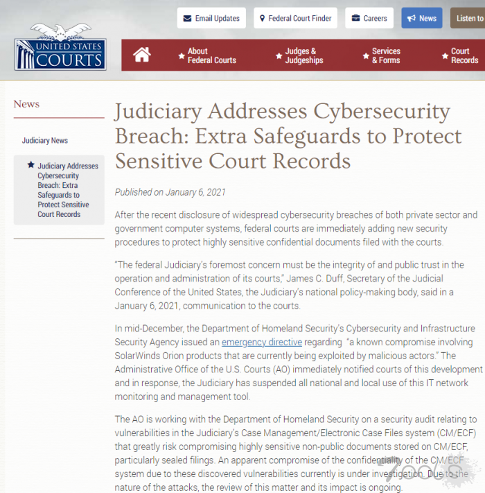 因担心受SolarWinds黑客攻击影响 美联邦法院要求亲自送达敏感文件