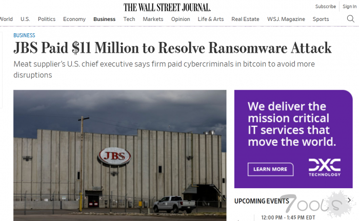 肉食巨头JBS向黑客支付1100万美元比特币赎金