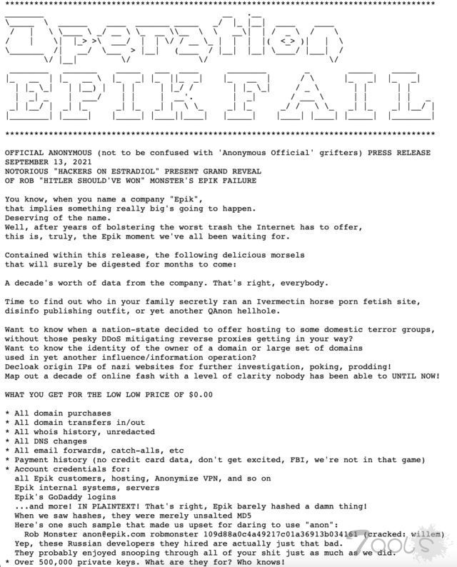 Anonymous曝光域名注册提供商Epik 180GB数据