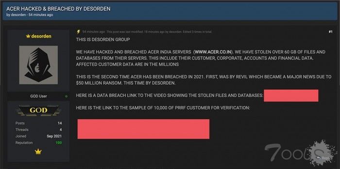 宏碁服务器再次被窃 超 60GB 用户数据或被出售