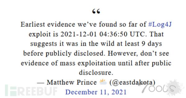 Log4Shell漏洞公开披露前，至少已在“在野”9天