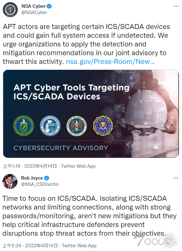CISA发布AA22-103A新警报：警惕针对ICS/SCADA设备的APT网络攻击