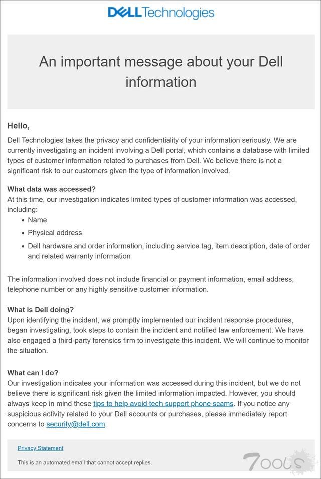 影响 4900 万客户，戴尔通知发生数据泄露：涉及姓名等订单信息
