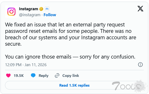 Instagram确认系统未遭入侵,并已修复外部人员密码重置问题。