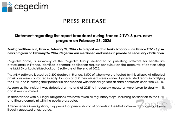 法国医疗软件厂商Cegedim Sante被黑，导致约1500家使用该公司软件的医院诊所和1580万份患者档案文件遭到泄露