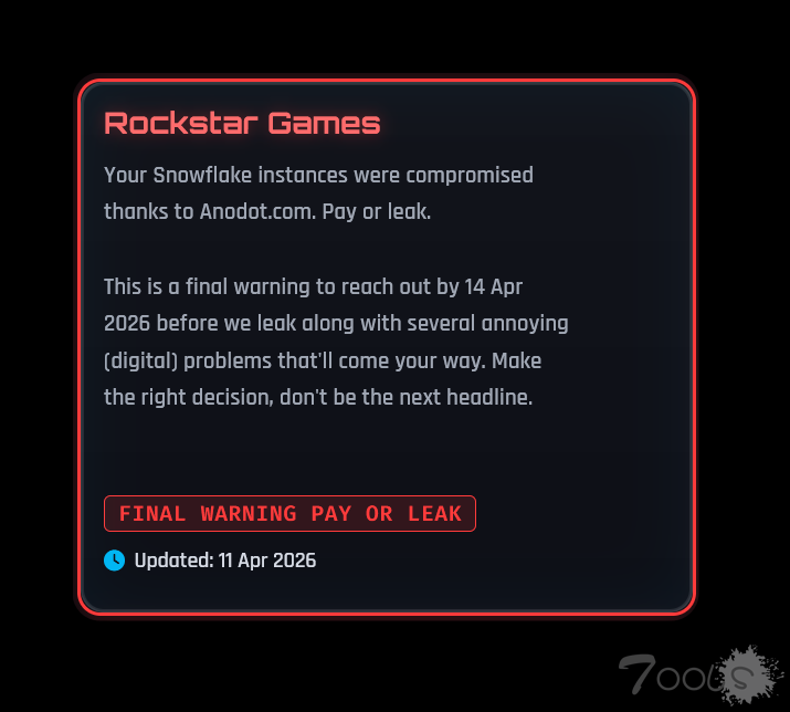 黑客组织ShinyHunters 声称通过SaaS平台Anodot已成功入侵第三方SaaS供应商公司Rockstar Games 的Snowflake环境